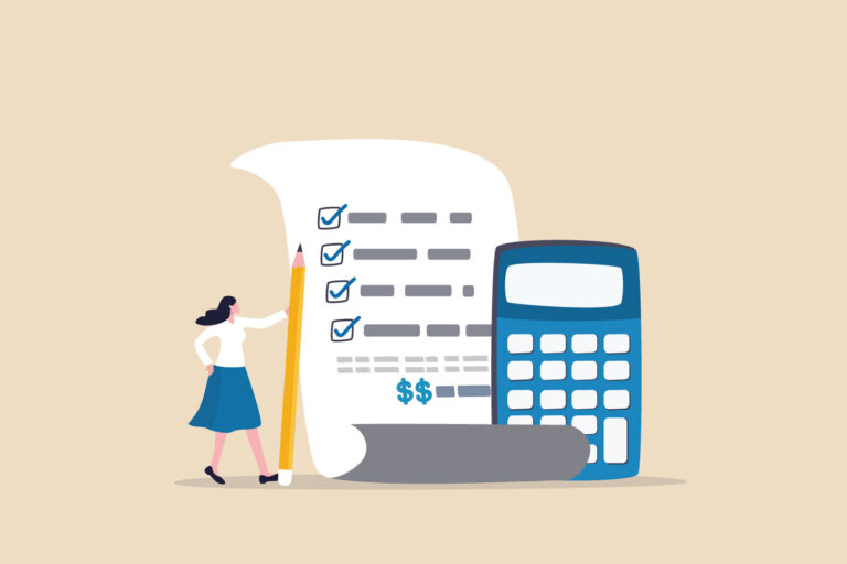 illustration of a woman with a large pencil, a checklist, and an adding machine