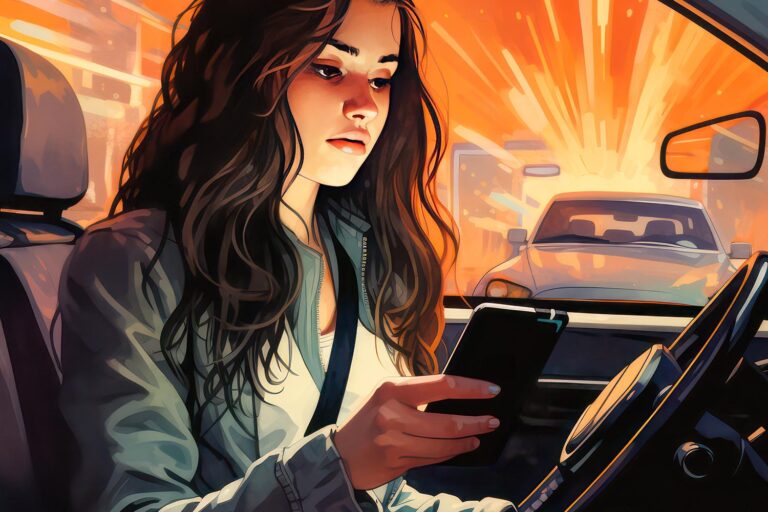 Illustration of woman driving while on phone