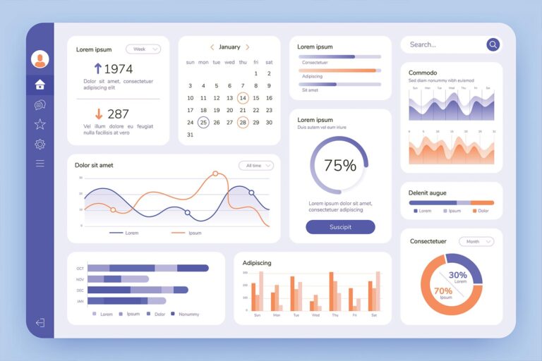 Illustration of a computer dashboard showing reports and data