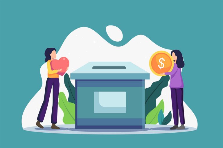 people putting money and a heart in a donation box