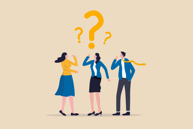 illustration of 3 business people talking with question marks