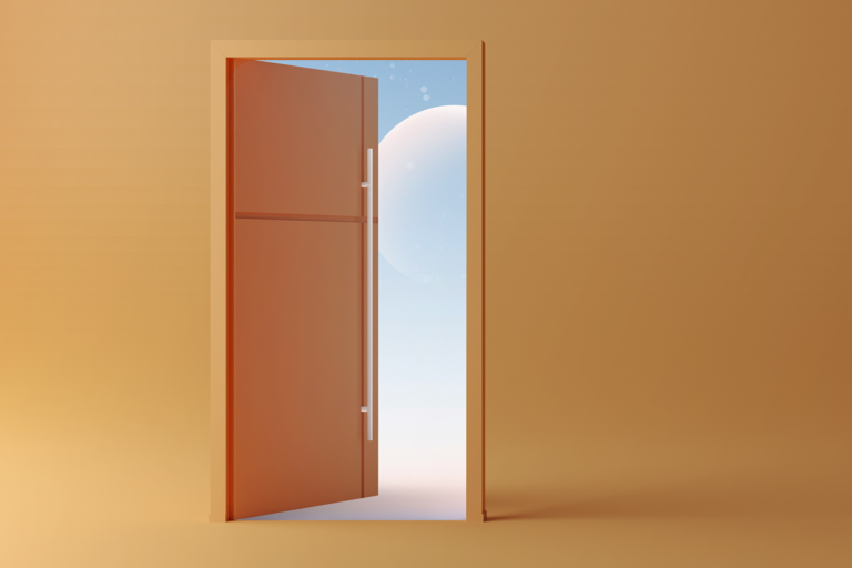 An open door in an orange room leading to a blue sky