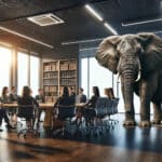 an elephant standing in a business meeting room during a meeting