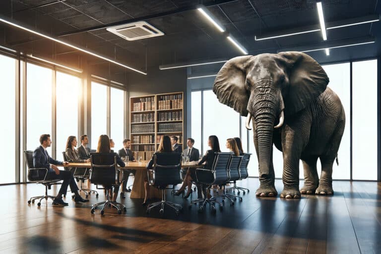 an elephant standing in a business meeting room during a meeting