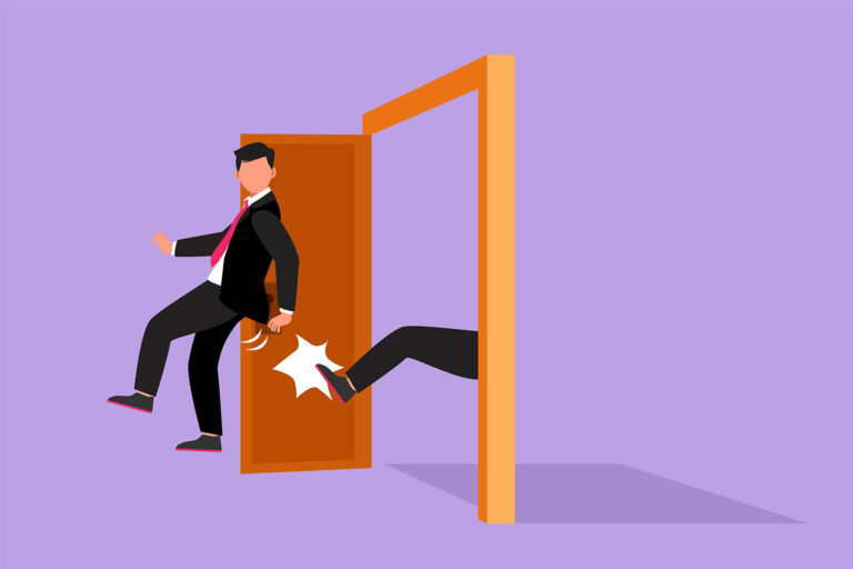 illustration of a man in a suit being booted out of a door