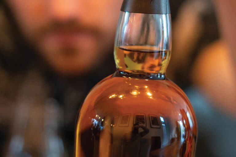 Close up of a bottle of whiskey