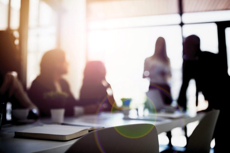 Board members in a sunny meeting room