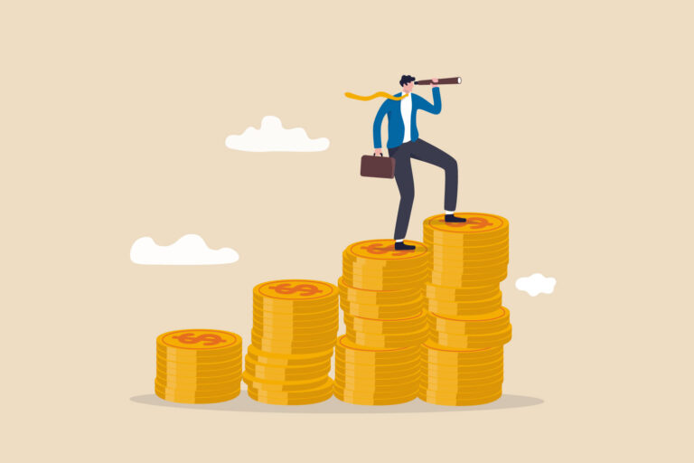 illustration of a man standing on a pile of coins looking forward