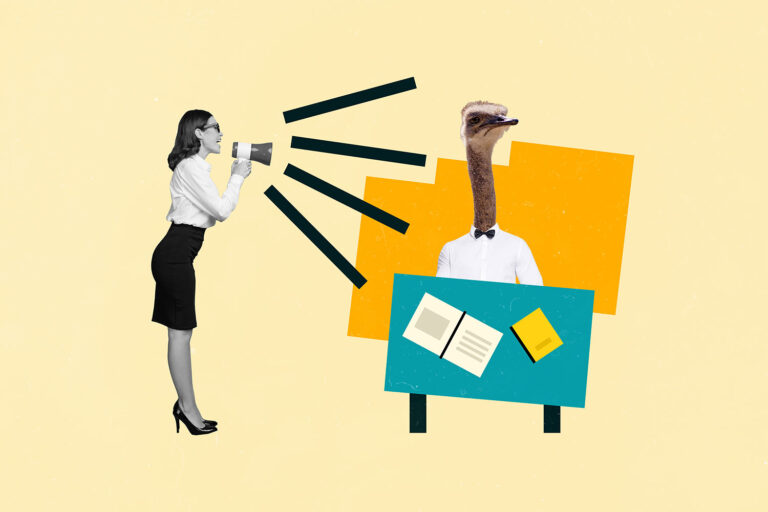 a woman speaks through a megaphone ot an illustration of an ostrich in office attire