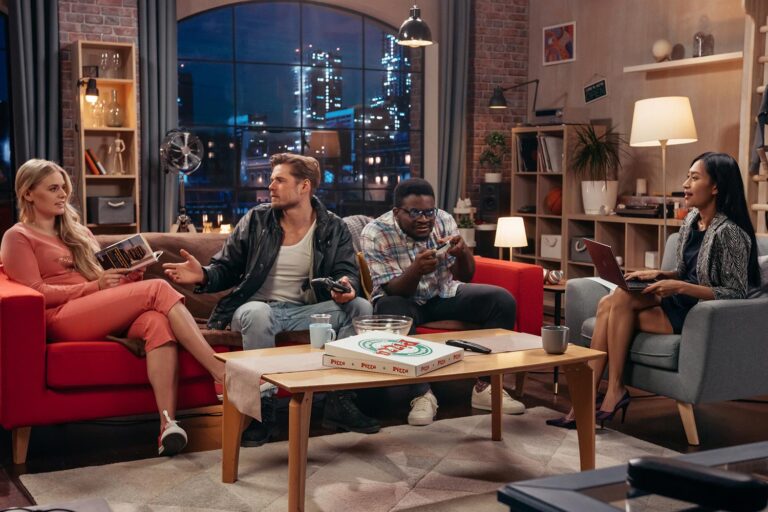 4 friends sit around in an apartment, reminiscent of a certain popular sitcom