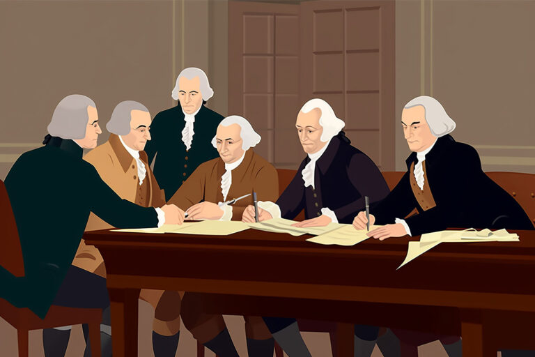 illustration of founding fathers sitting at a desk