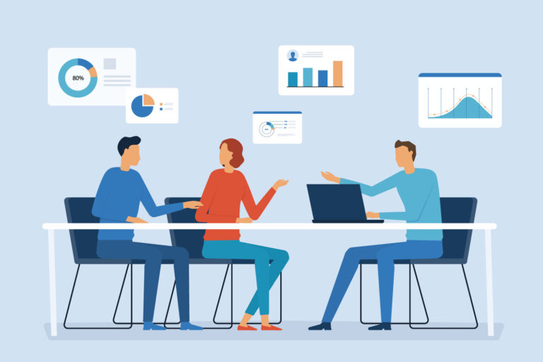 illustration of three people sitting at a table looking at financial charts