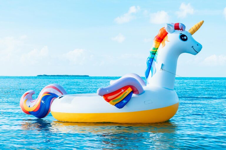 A unicorn raft on the ocean