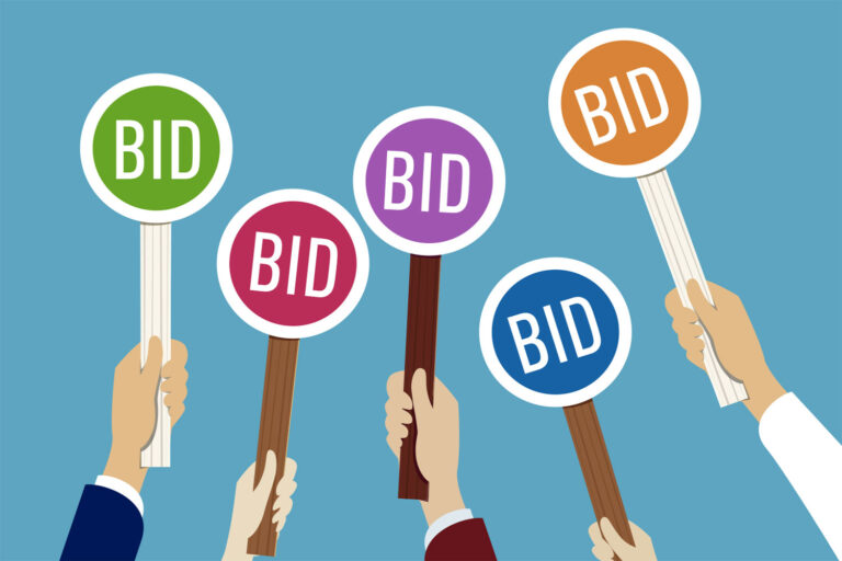 illustration of a group of hands holding up signs with the word "BID" on them