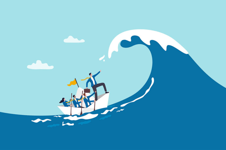 illustration of people on a small boat face a big wave