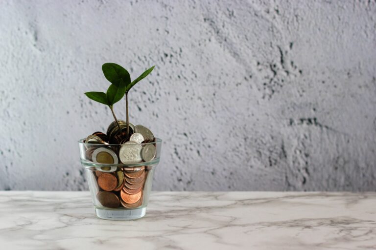 plant growing out of a glass full of coins