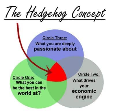 The hedgehog concept is the center area of three overlapping circles: What you are deeply passionate about, What you can be the best in the world at, and what drives you economic engine.