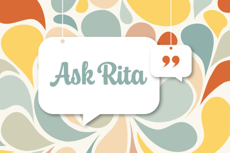 Muted Paisly pattern background with "Ask Rita" text in middle