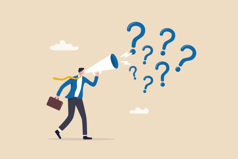 illustration of a man with a megaphone and a bunch of question marks walking with a briefcase