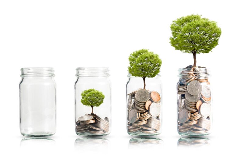 Money trees growing in jars of coins