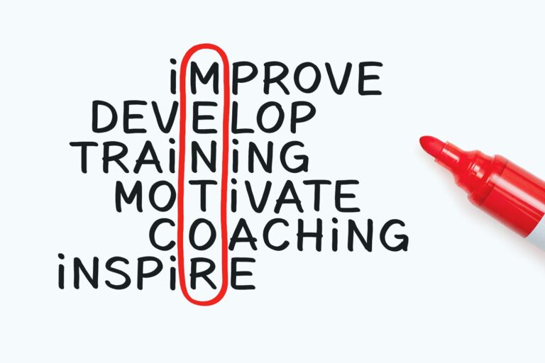 Where words Improve, Develop, Training, Motivate, Coaching, and Inspire intersect, the word mentor is circled.