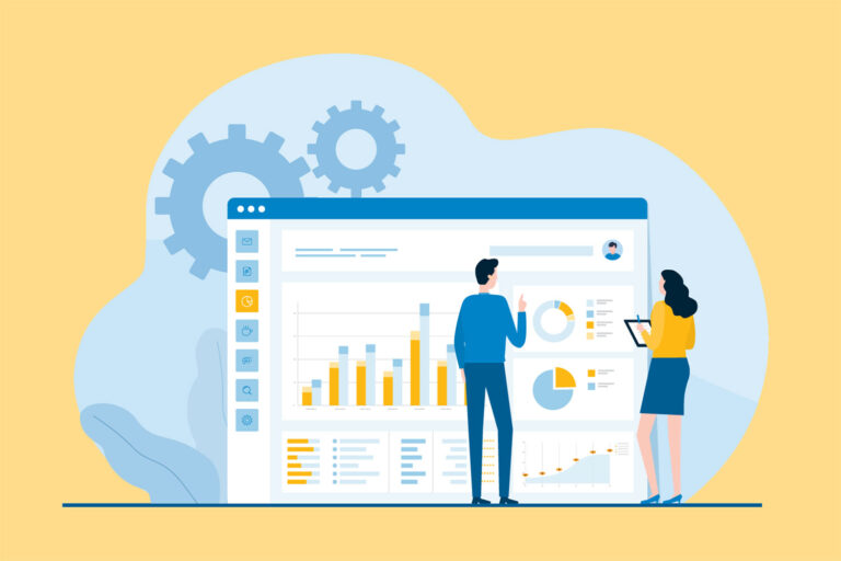 illustration of two people standing in front of financial charts