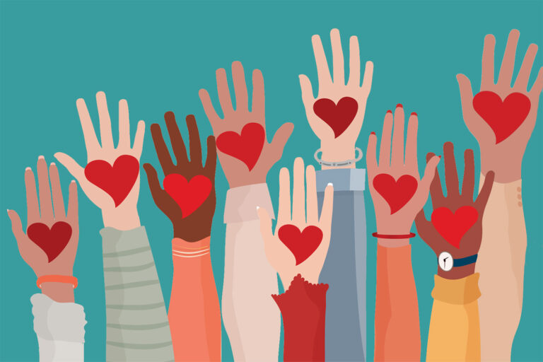 illustration of a diverse group of hands raised with hearts on them