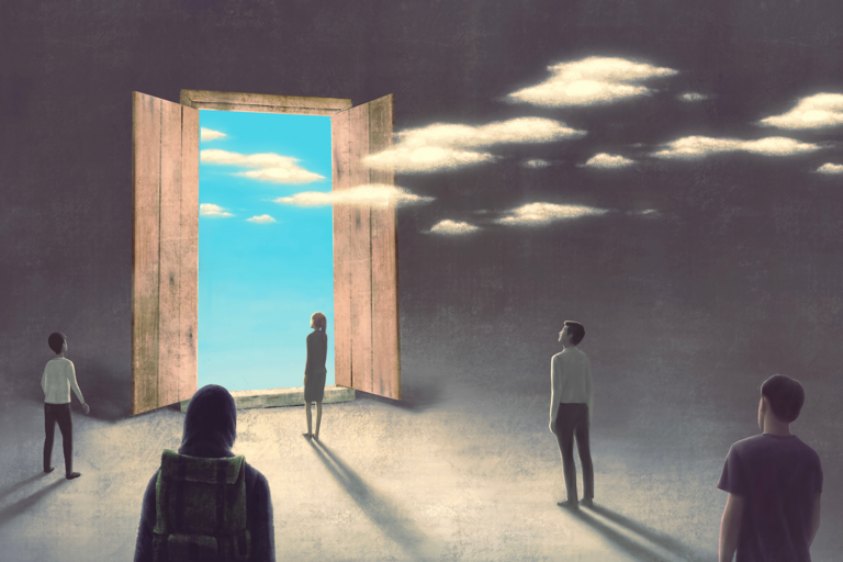 Illustration of a group of people in a dreary room, looking out an open door behind which is blue sky