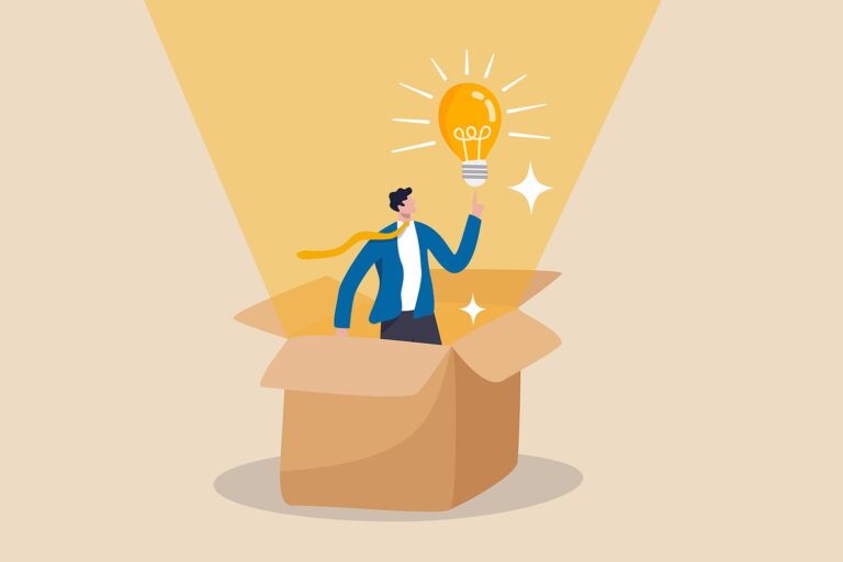 An illustration of a man holding a light bulb emerging out of a box