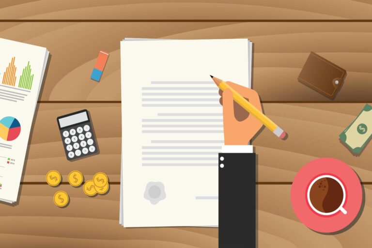 Illistration of a person writing out a document on a desk with finance-related items