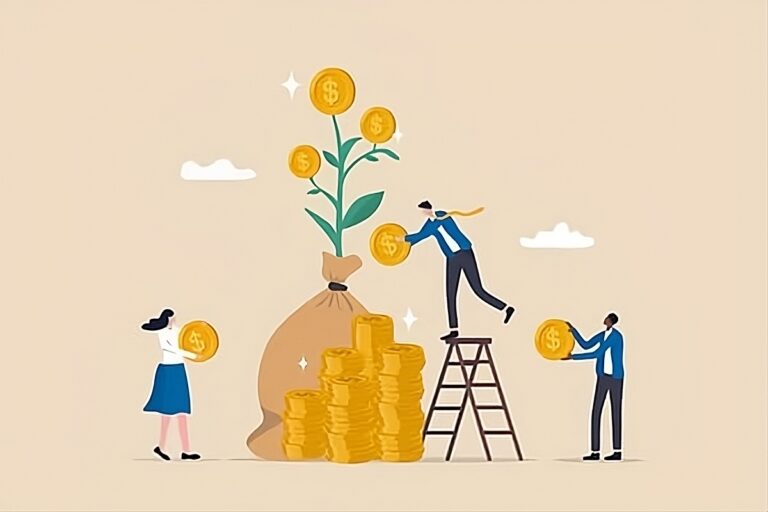 Illustration of three business people contributing to a pile of money coins.