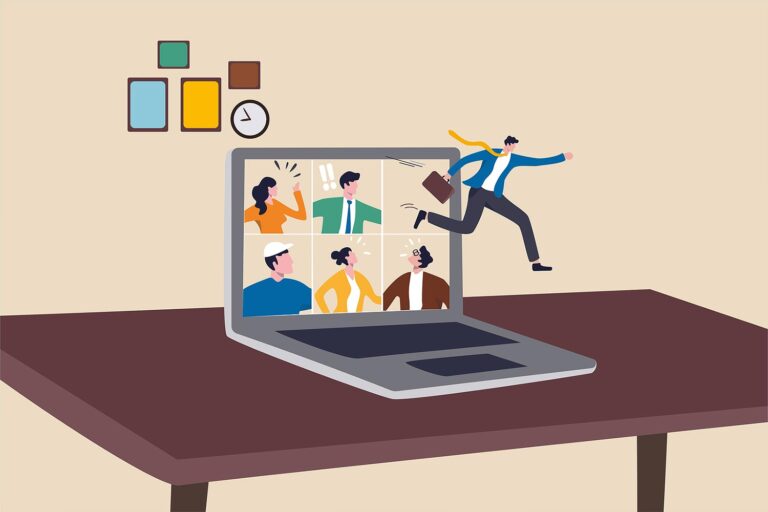 Illustration of a man jumping out of a laptop online meeting