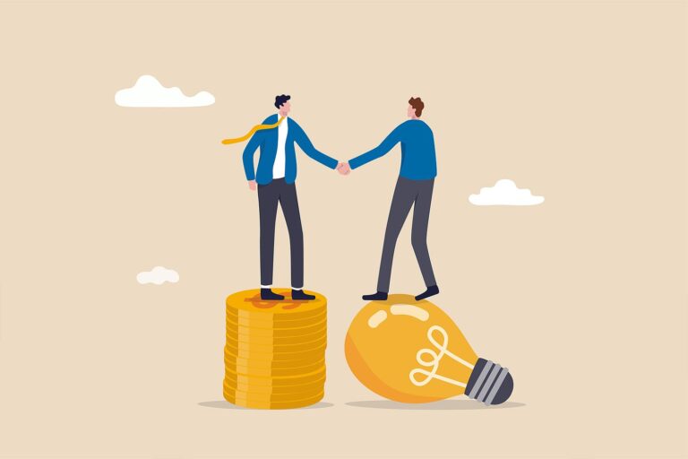 Illustration of a man standing on a stack of coins shaking the hand of a man standing on an idea light bulb