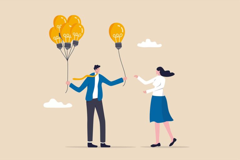 Illustration of a man sharing light buld idea balloons with a woman