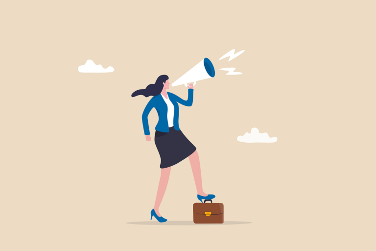 Illustration: businesswoman speaking confidently into a megaphone while stepping on a briefcase