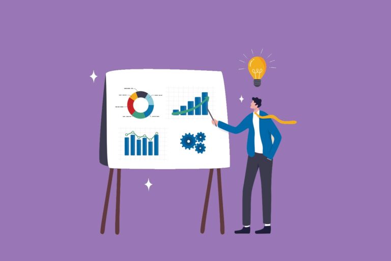 Illustration: A man pointing to an easel with business charts with an idea light bulb above his head.