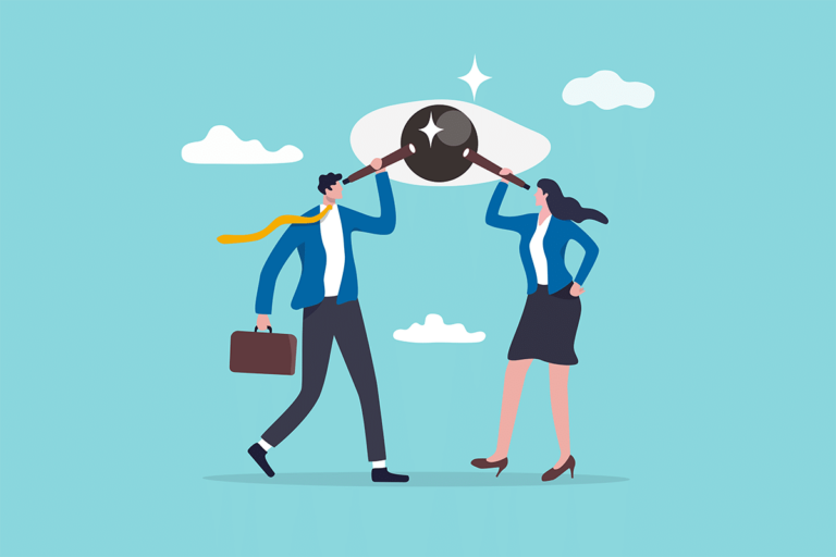 Illustration: two business people looking through monoculars a the same planet in the sky.