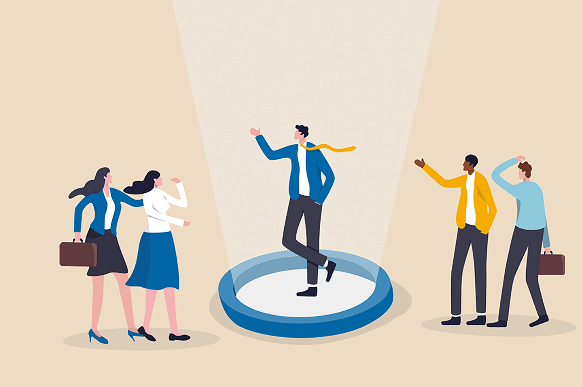 Illustration: A group of business people with one person in the spotlight