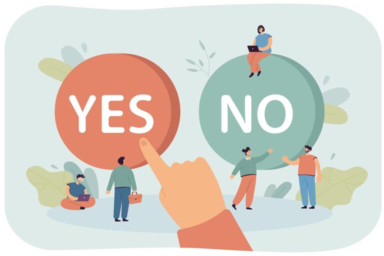 Illustration: a hand selecting a yes button, with no button and business people in the background