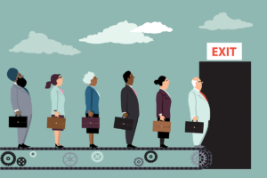 Illustration: A line of diverse business people carrying briefcases on a conveyer belt heading to an exit.