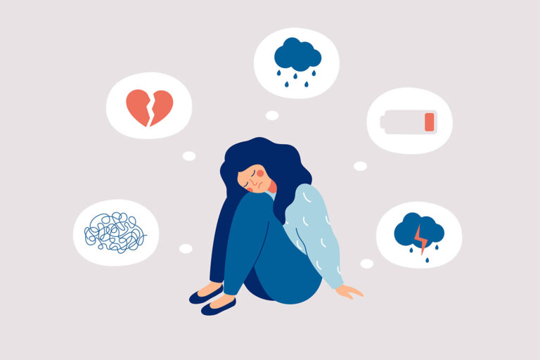 Illustration: a downcast woman with thought bubbles indicating grief