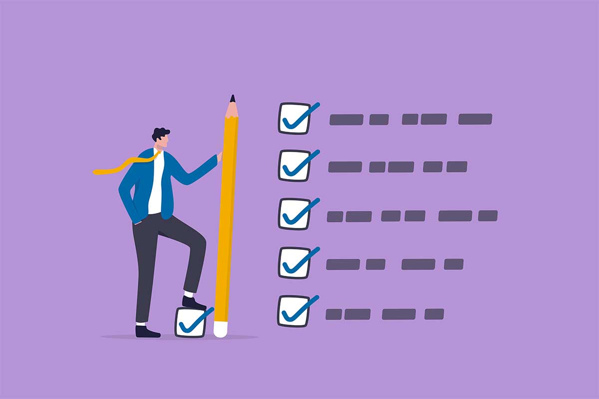an illustration of a man holding a giant pencil next to five checked boxes