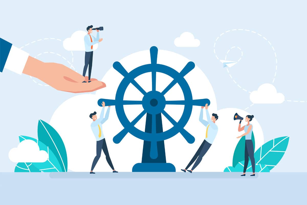 illustration of ships wheel with business people guiding it