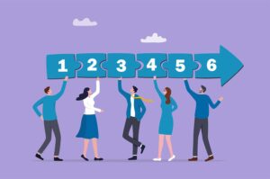 Illustration of 5 business people holding up 6 numbered segments of an arrow
