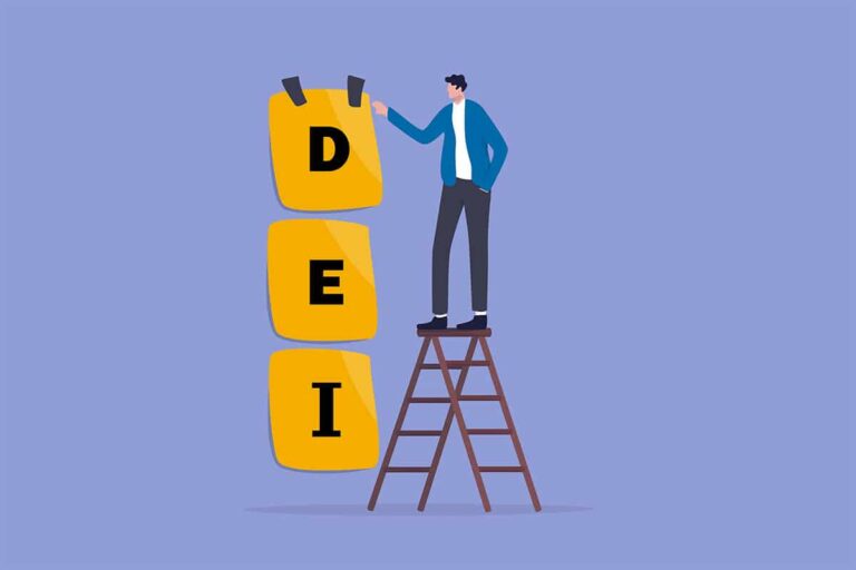 an illustration of a man standing on a ladder hanging a DEI sign