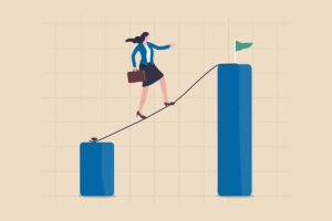 an illustration of a woman with a briefcase walking on a rope to a higher goal with a flag