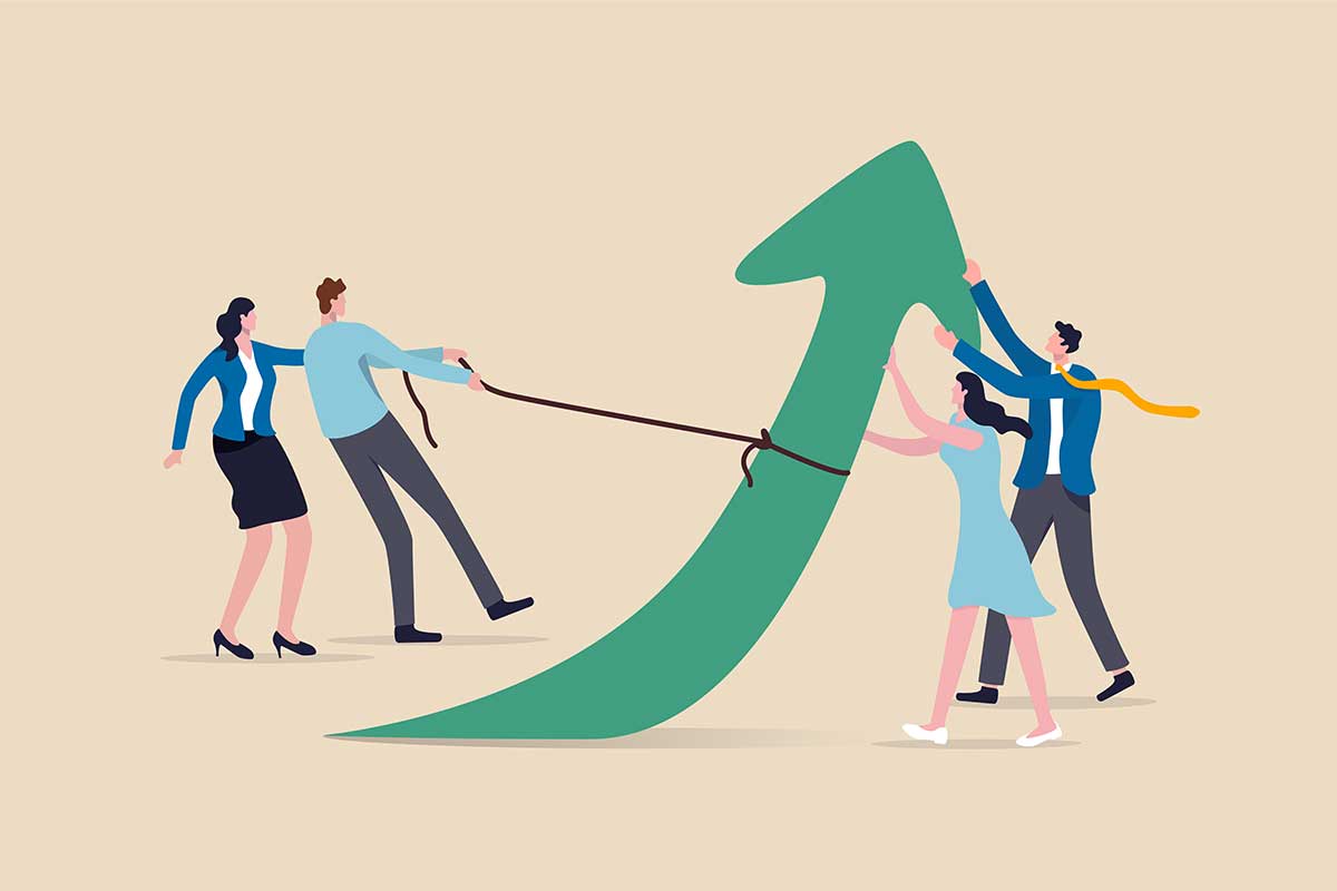 Illustration of a group of business people lifting a green arrow
