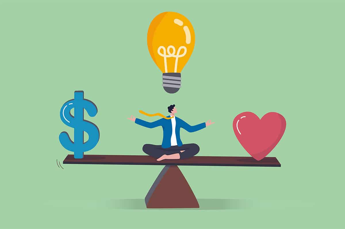 an illustration of a person sitting on a balance beam with a dollar sign, heart, and light bulb
