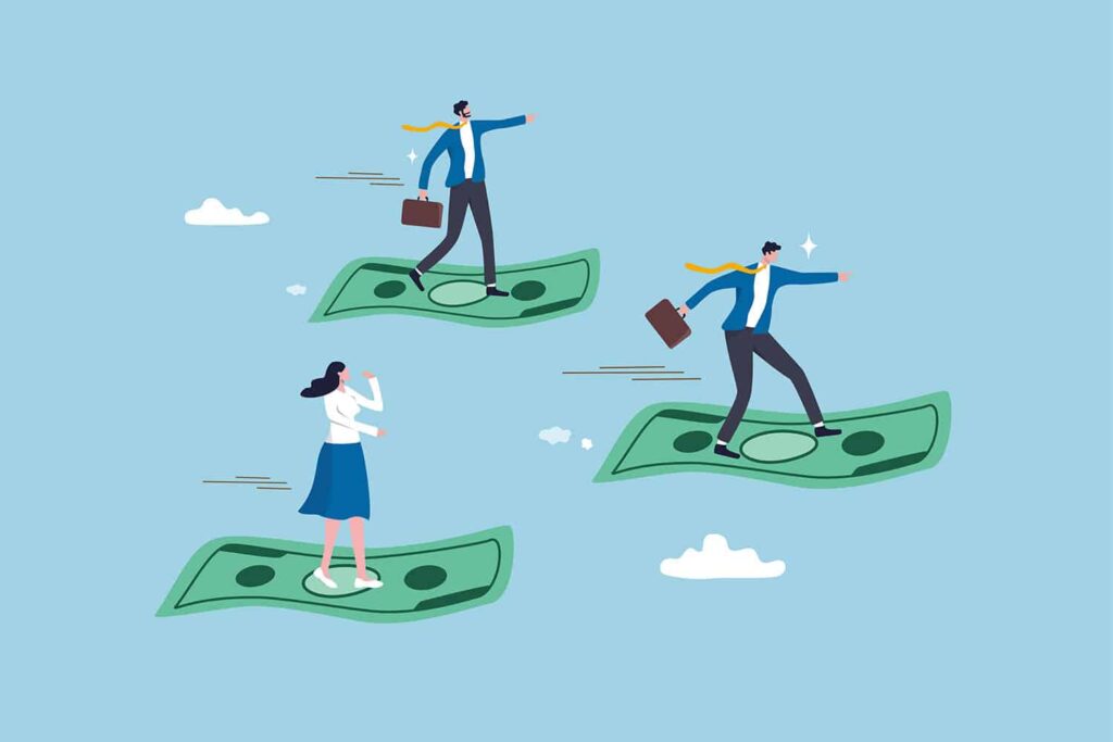 Three people standing on flying dollar bills
