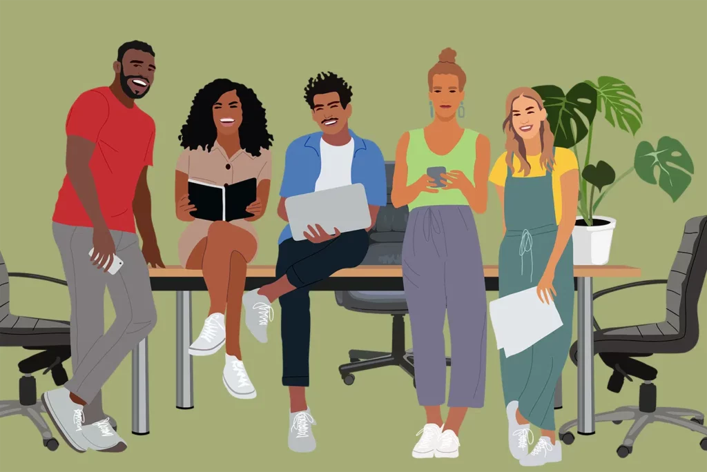 illustration of a group of young adults in front of a meeting table
